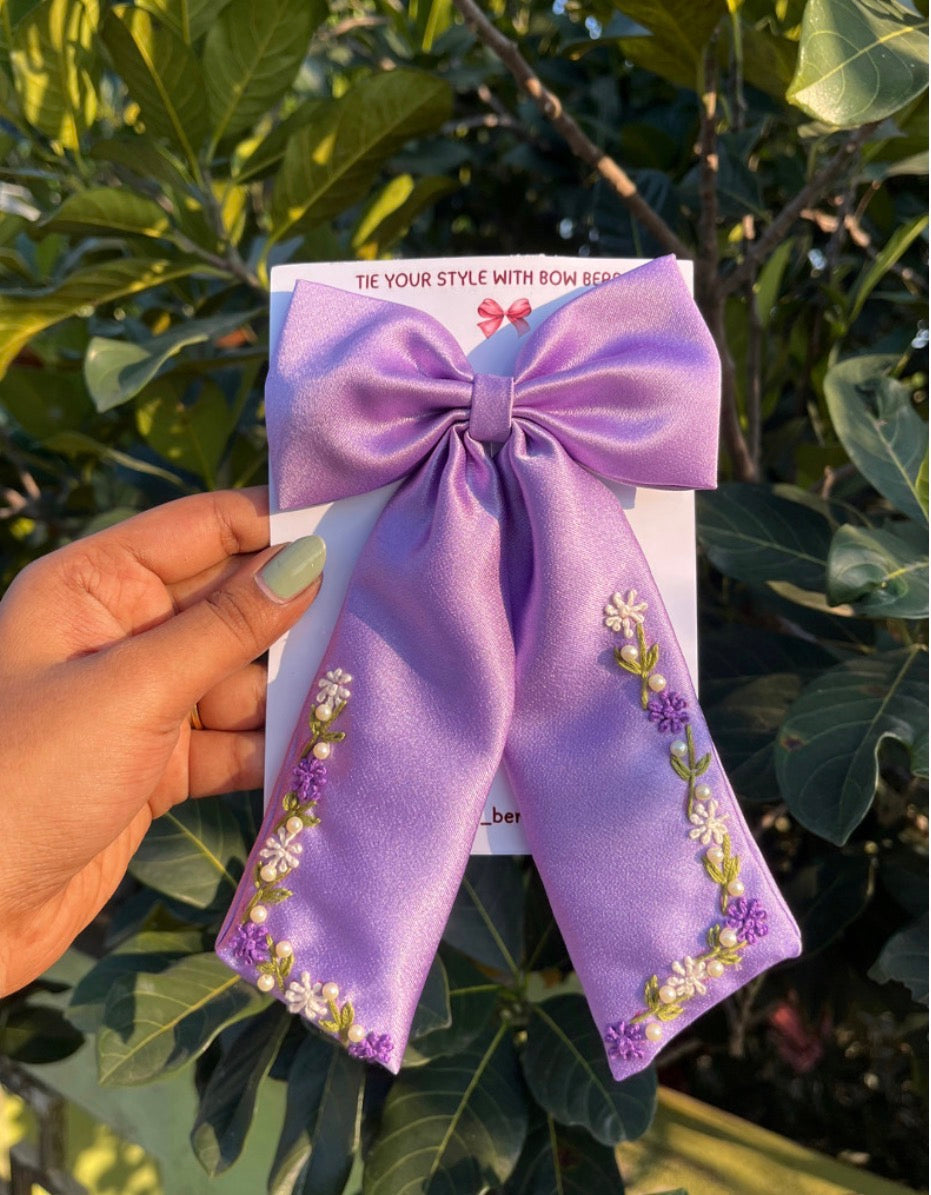 Purple flower embroidery bow