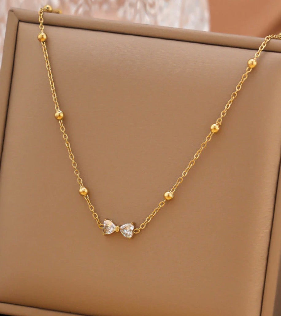 Bow Stone Chain Necklace ( Anti - Tarnish )