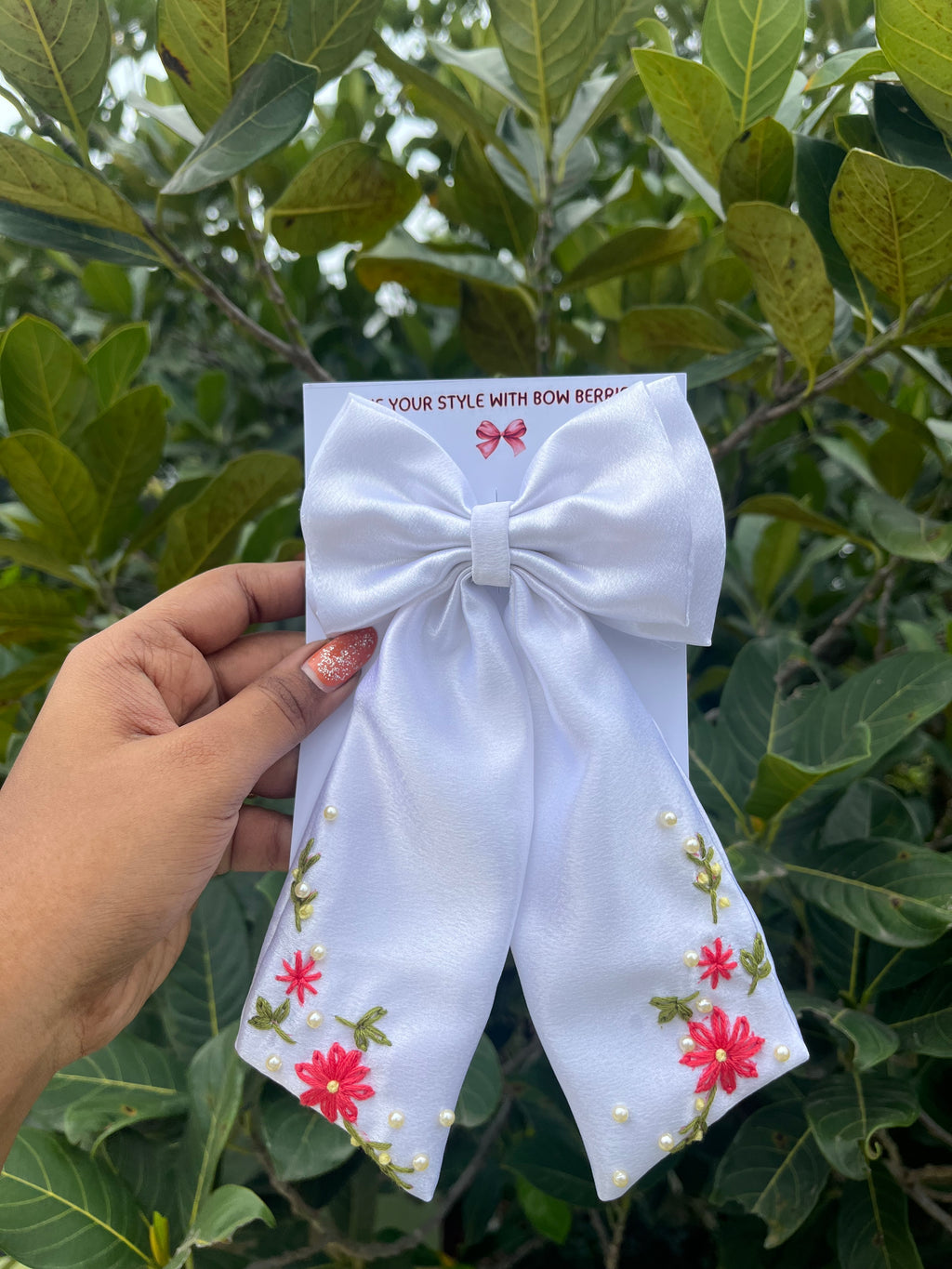 Handmade Embroidery Bow (double side flower design)