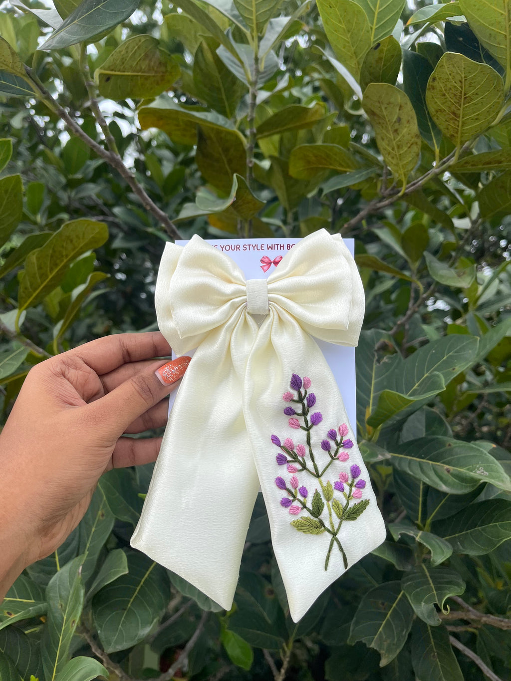 Handmade Purple Tulip Design Embroidery Bow ( milk white colour)