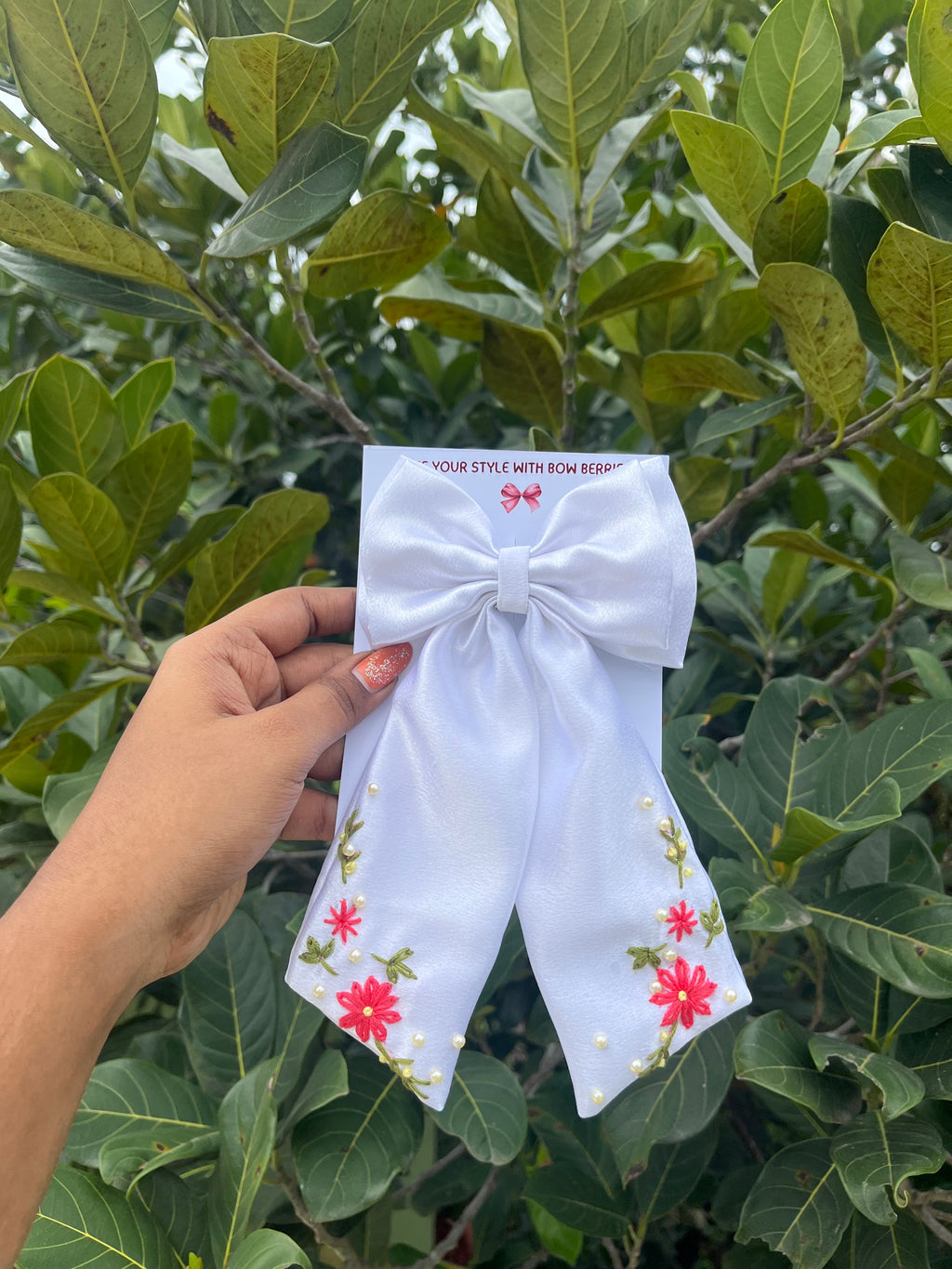 Handmade Embroidery Bow (double side flower design)