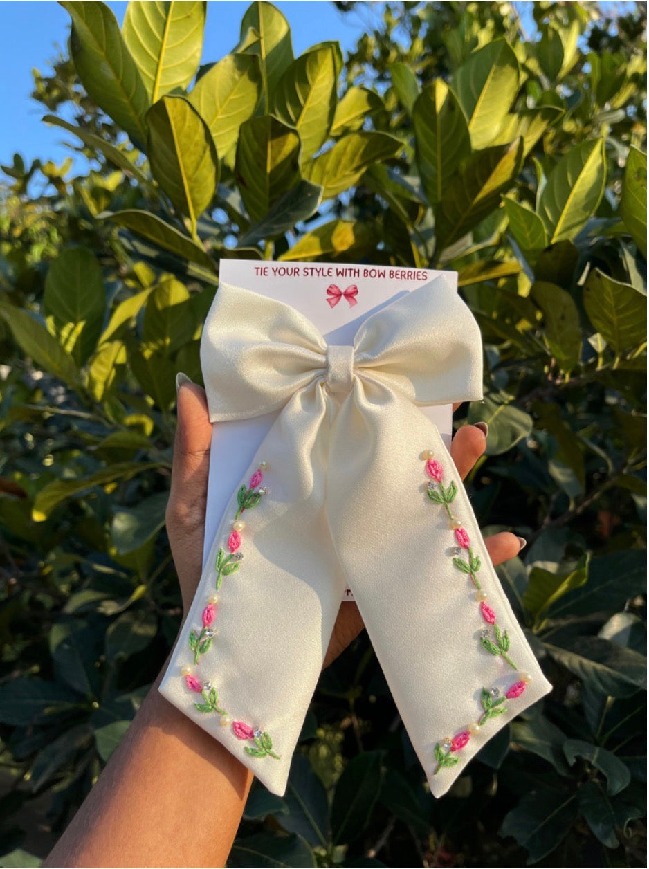Premium Tulip Embroidery Bow (Handmade)