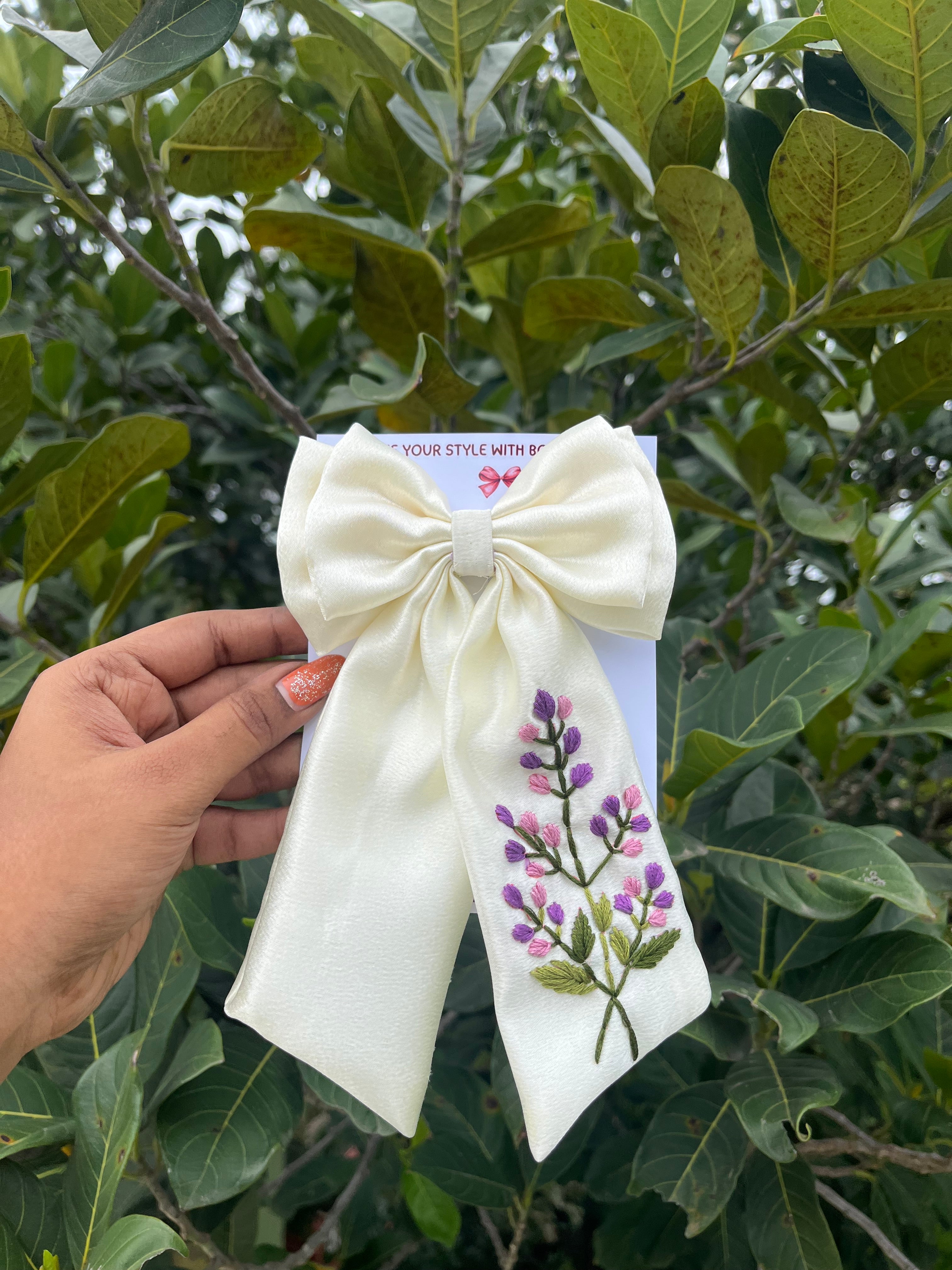 Handmade Purple Tulip Design Embroidery Bow ( milk white colour)