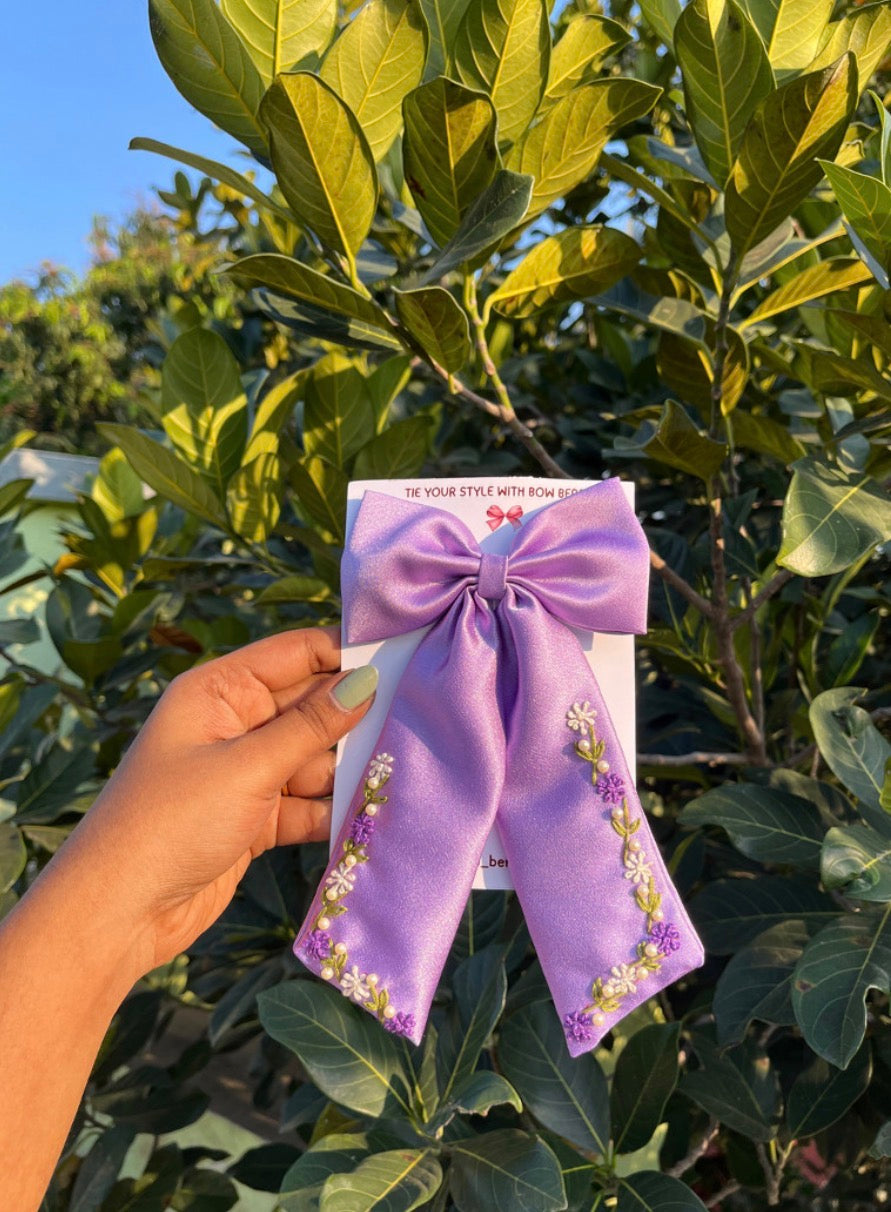 Purple flower embroidery bow