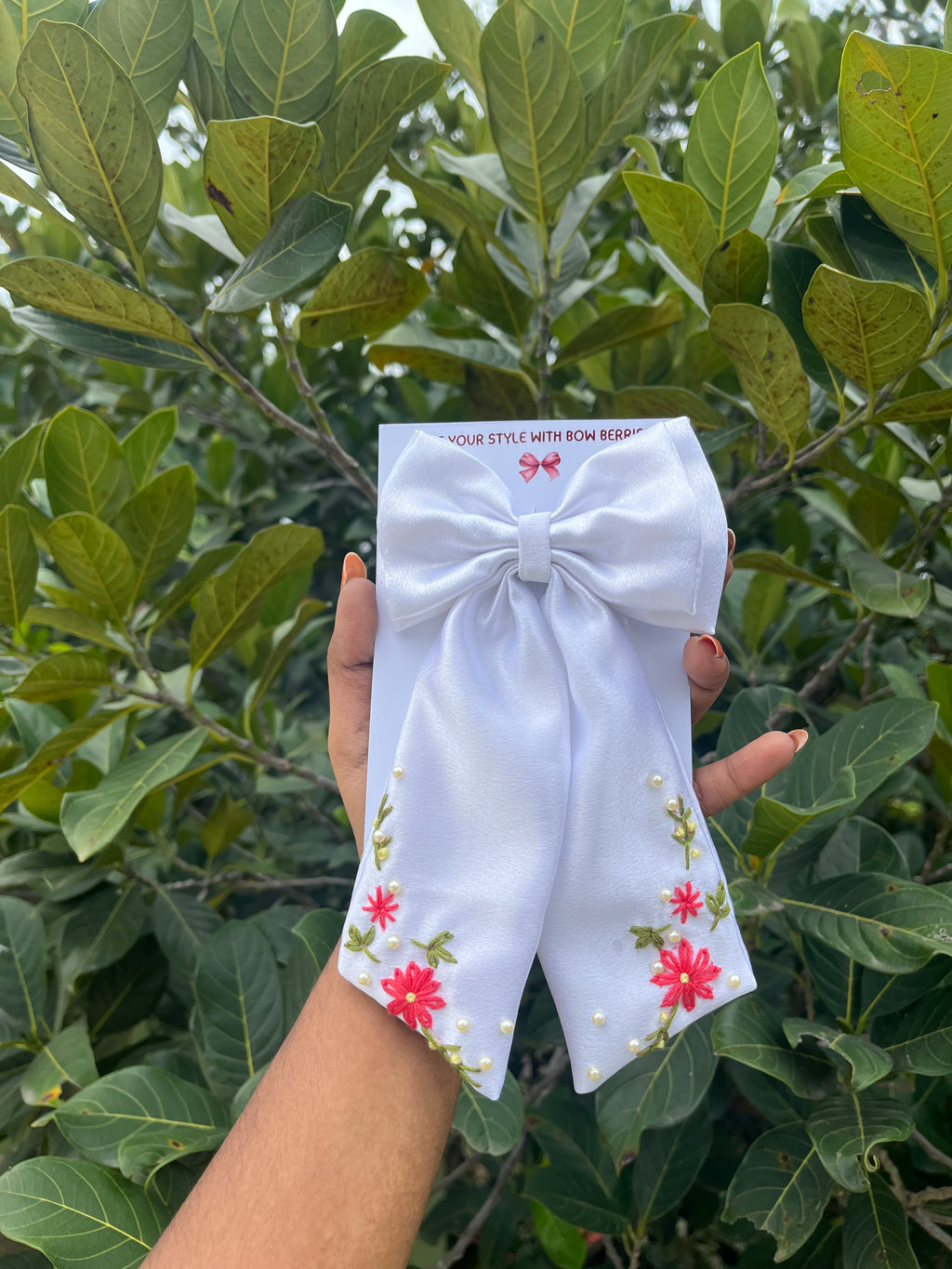 Handmade Embroidery Bow (double side flower design)