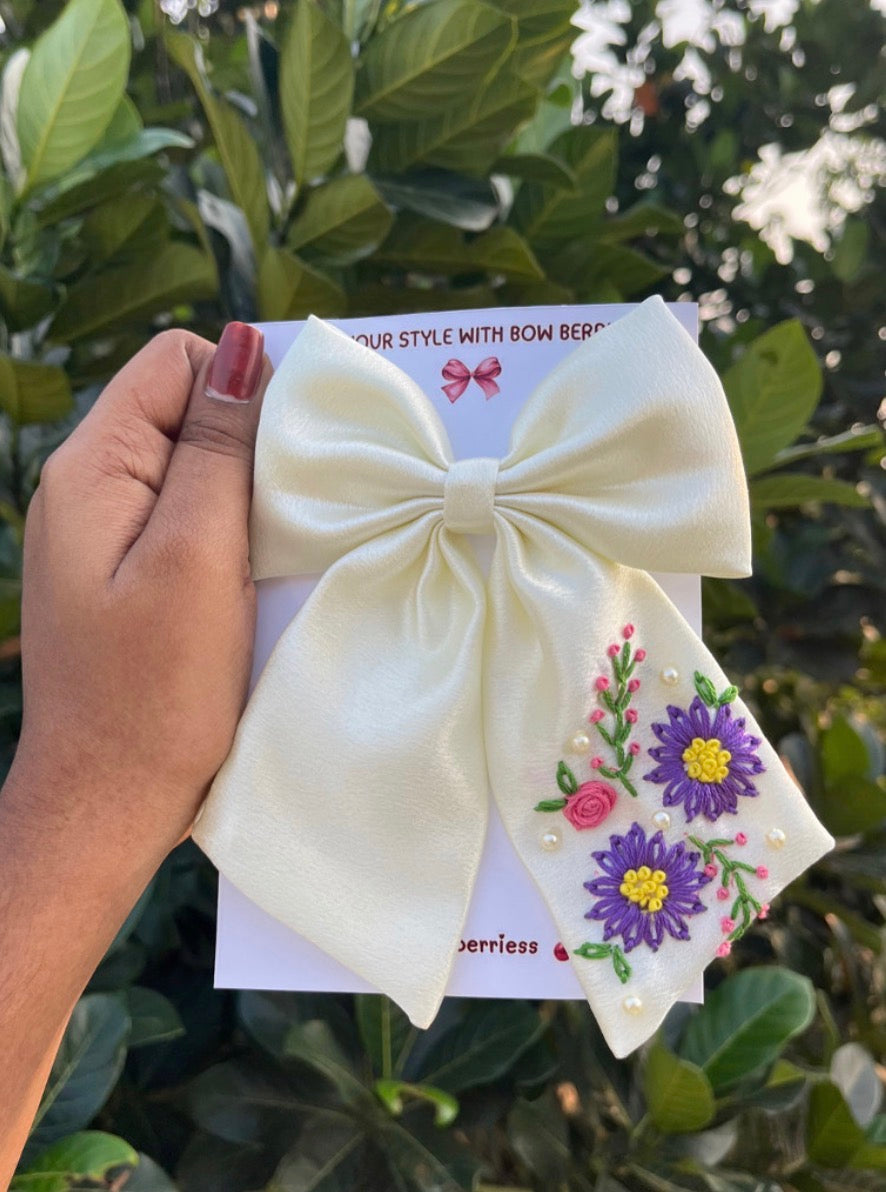 Milk white Embroidery Bow