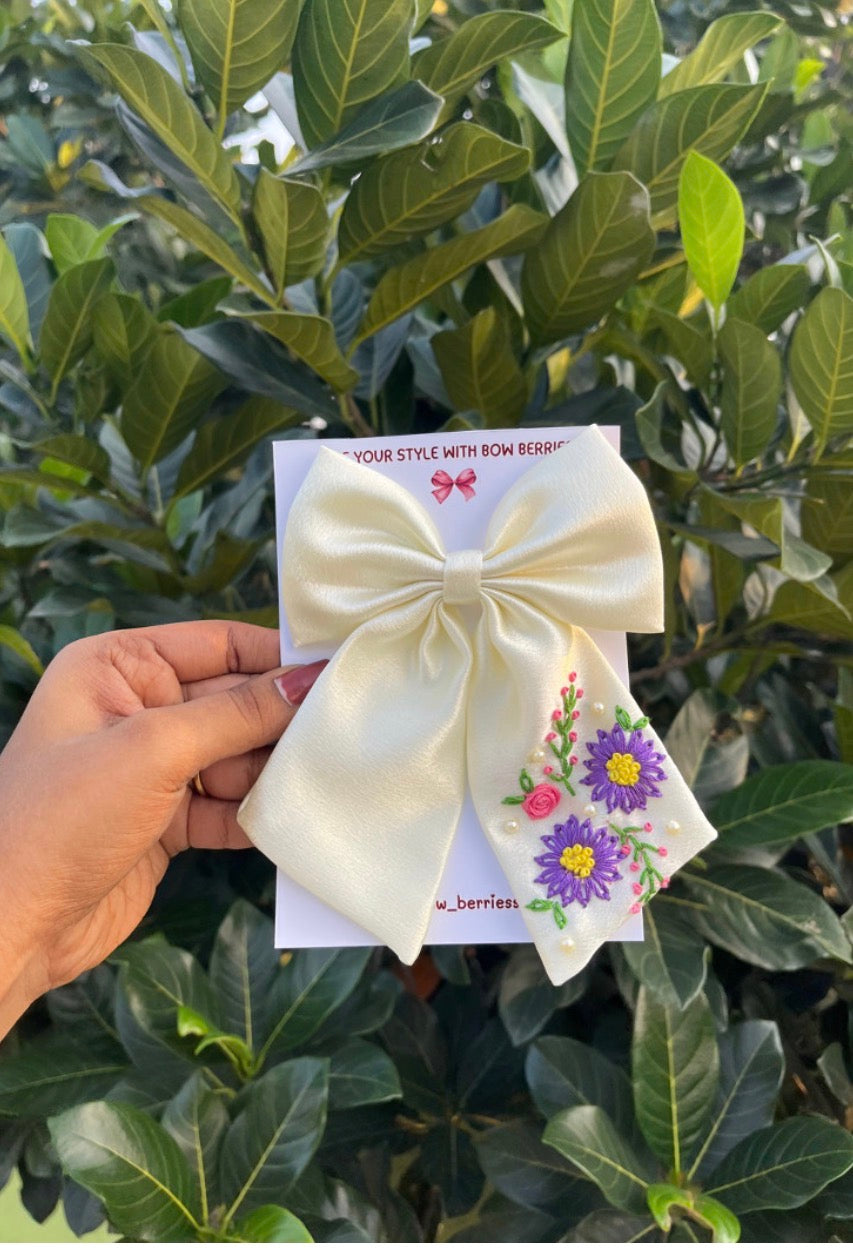 Milk white Embroidery Bow